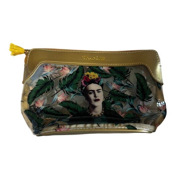 Frida Kahlo Tropical Floral Pouch – Gold Trim Makeup Bag - Picture 2 of 6